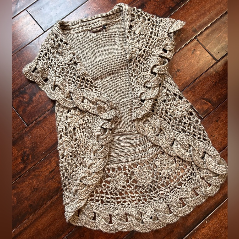 John Fashion Elegant Open-Front Crochet Cardigan Vest Large